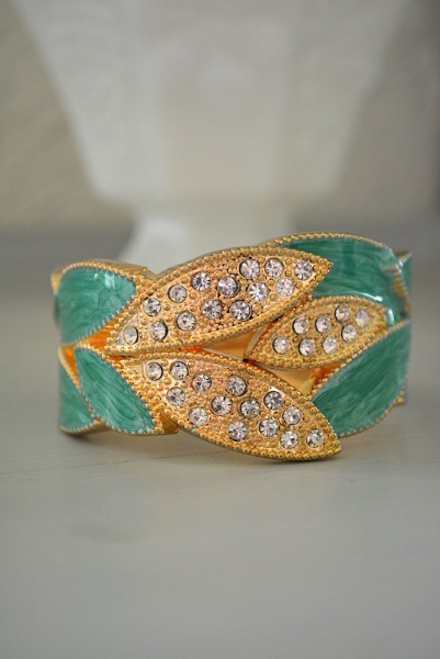 Green Leaves Bracelet, Foliage Jewelry, Enamel Jewelry